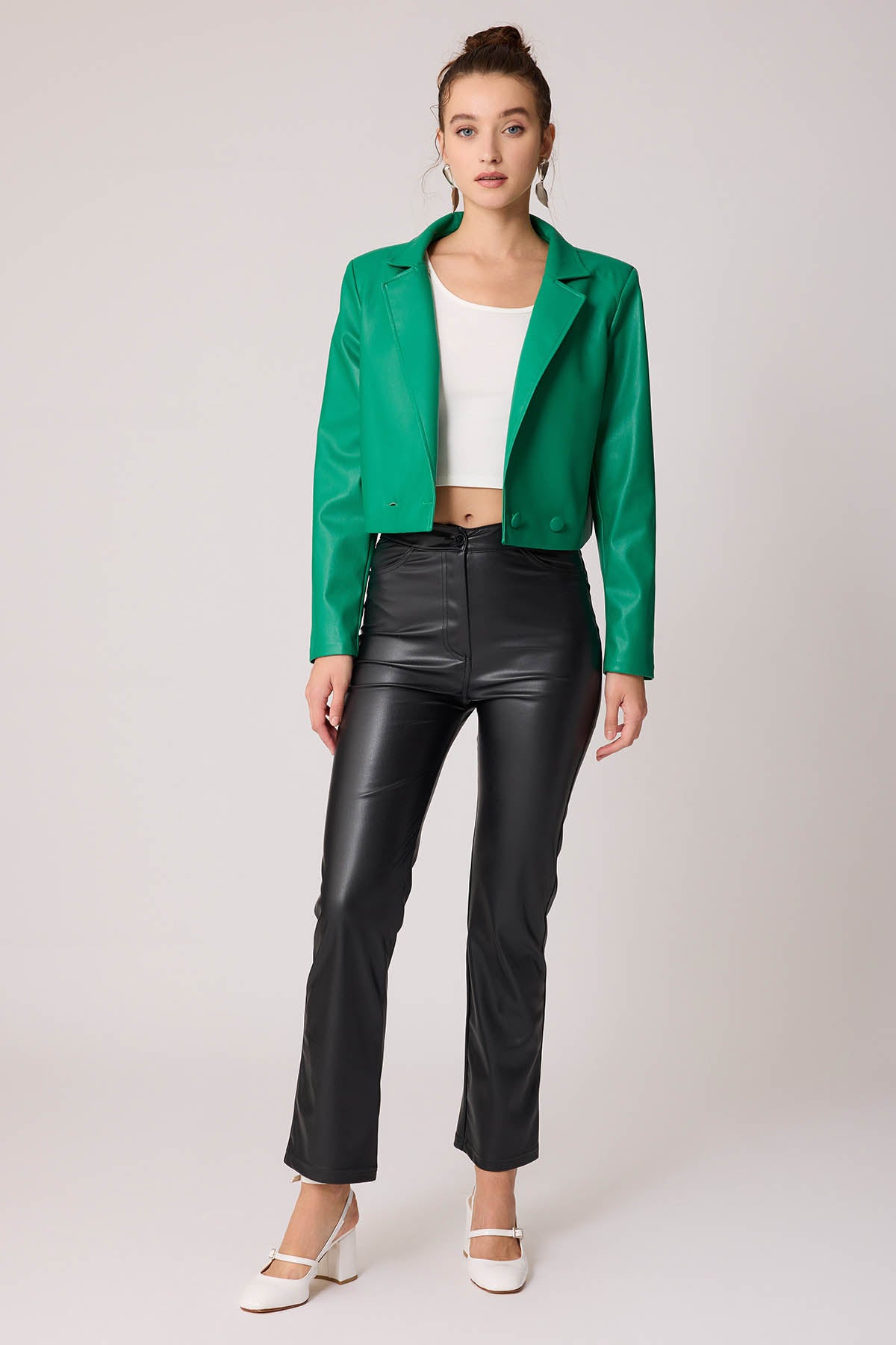 FAUX LEATHER CROP JACKET WITH ASSISTED BUTTON