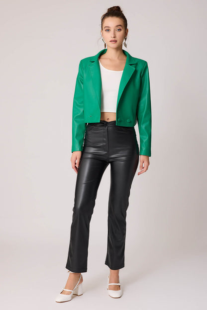 FAUX LEATHER CROP JACKET WITH ASSISTED BUTTON