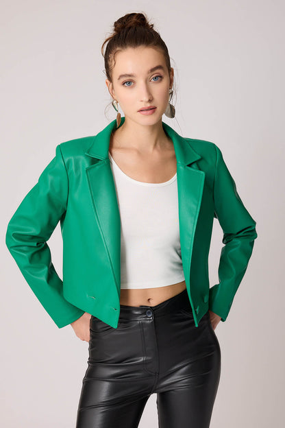 FAUX LEATHER CROP JACKET WITH ASSISTED BUTTON