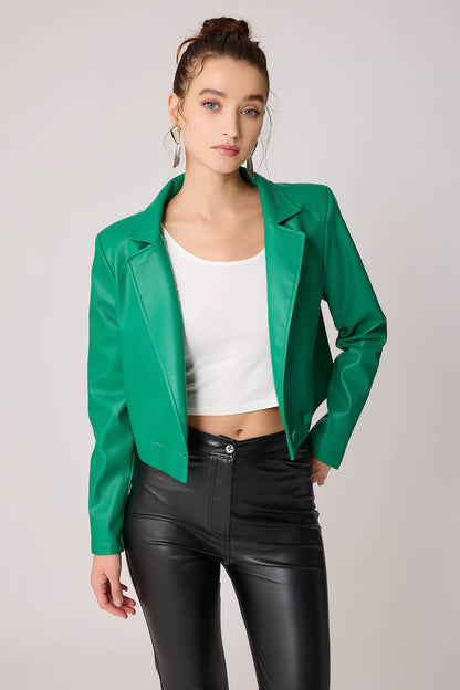FAUX LEATHER CROP JACKET WITH ASSISTED BUTTON