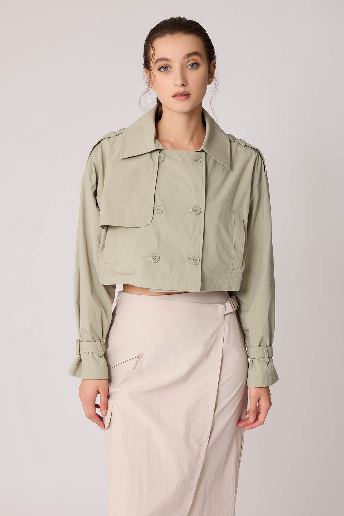 CROP TRENCH COAT WITH LINED FRONT BUTTON