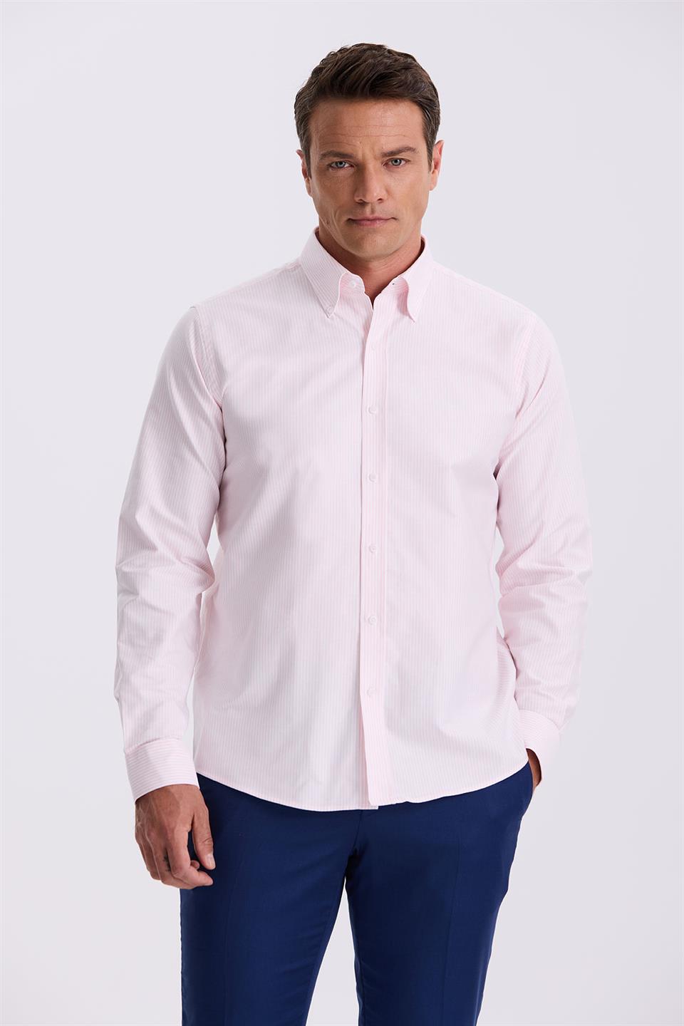 Pink 100% Cotton Buttoned Collar Comfort Fit Shirt