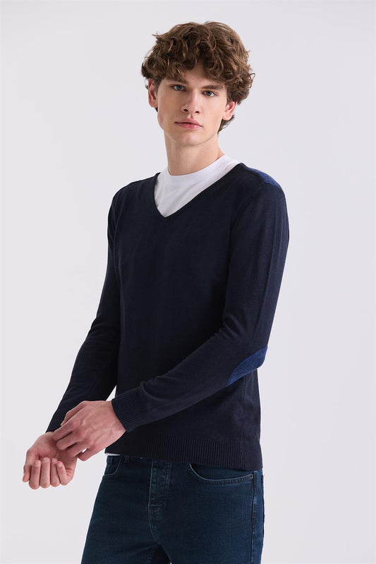 Navy Slim Fit V Collar Knitted Sweater