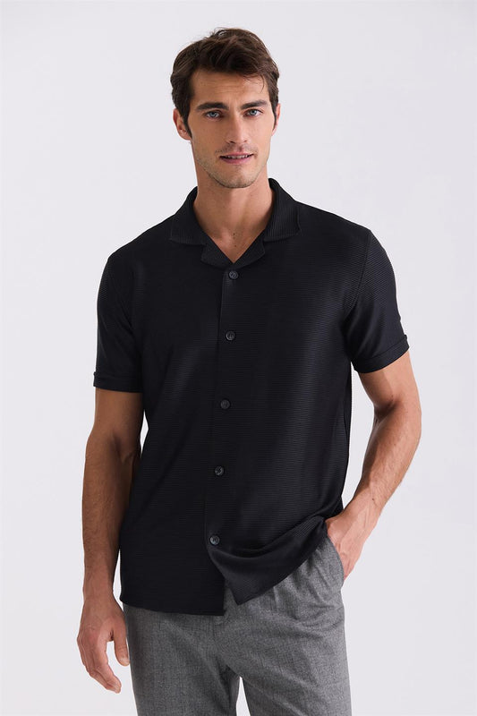 Black Slim Fit Shirt Collar Detailed T Shirt