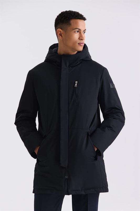 Black Comfort Fit Hooded Concealed Zippered Winter Jacket
