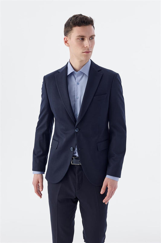 Navy Slim Fit Single Collar With A Double Tear