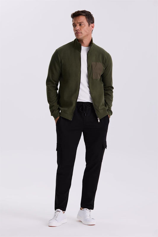Khaki Slim Fit Cotton Lycra Tracksuit With A Zipper