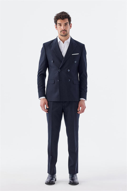 Navy Slim Fit Striped Double Breasted Suit