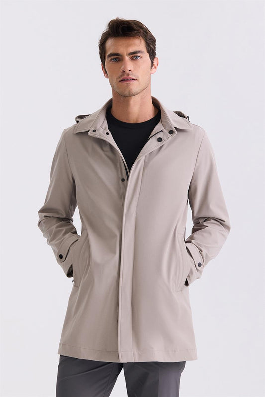 Beige Comfort Fit Hooded Classic Model Jacket With Hidden Zipper