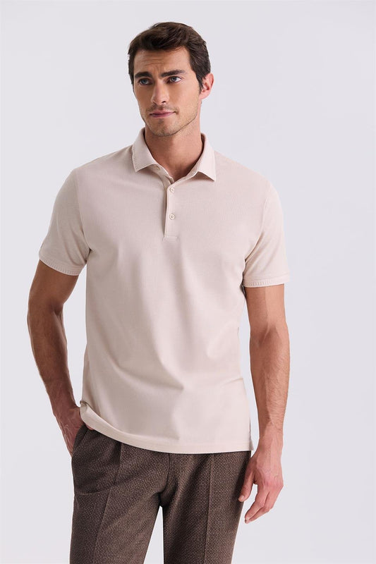 Beige Slim Fit 100% Cotton Mercerize Polo Collar T Shirt