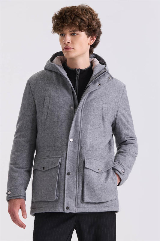 Grey Comfort Fit Wool Jacket With Hood