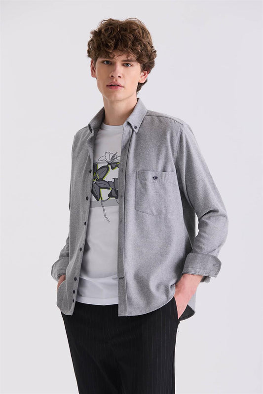 Gray Slim Fit Buttoned Collar Cotton Pocketed Shirt
