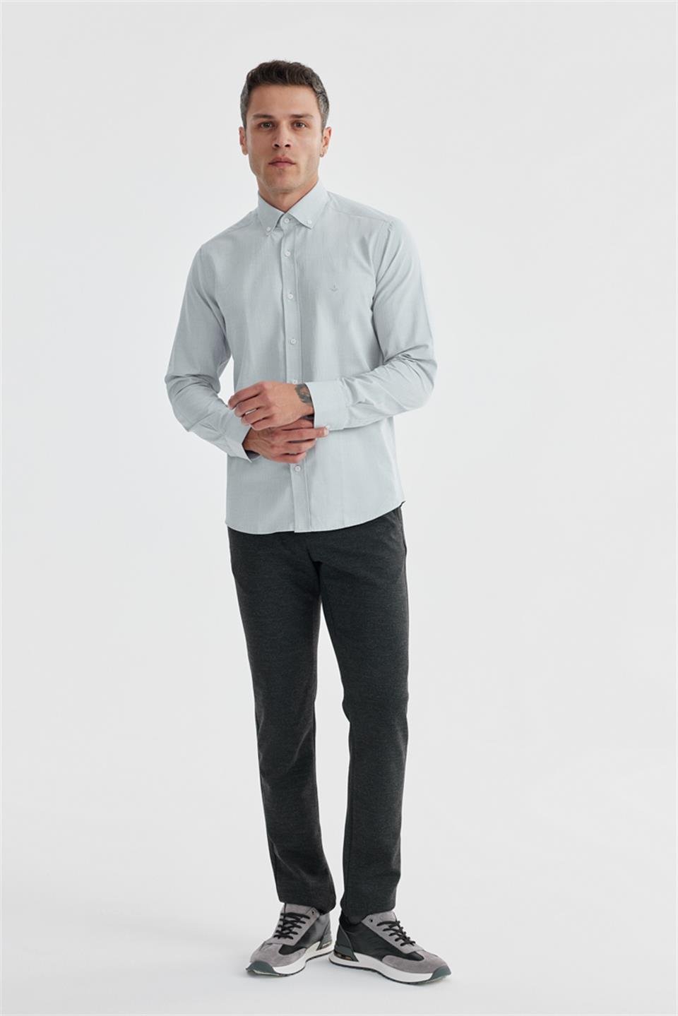 Gray Slim Fit Patterned Cotton Buttoned Collar Shirt