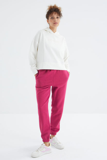 Fuchsia High Waist Brushed 3-Thread Cotton Basic Women's Tracksuit Bottom - 94624