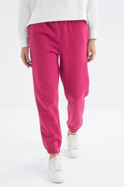 Fuchsia High Waist Brushed 3-Thread Cotton Basic Women's Tracksuit Bottom - 94624