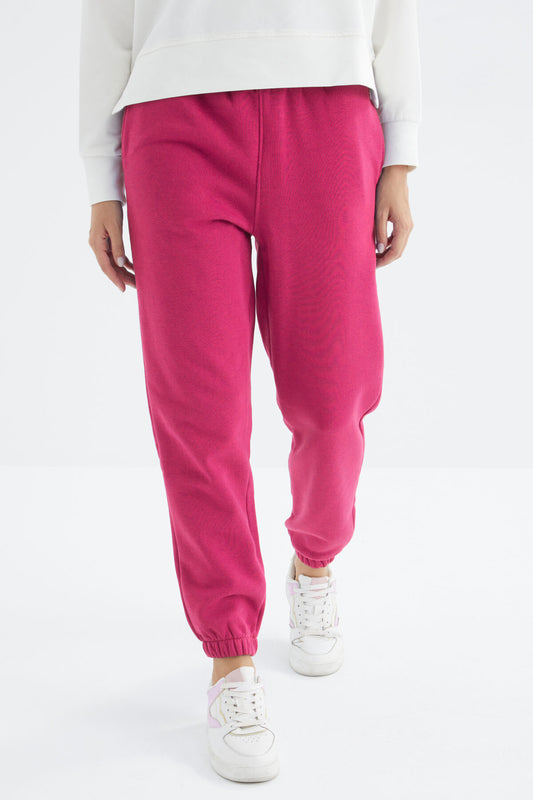 Fuchsia High Waist Brushed 3-Thread Cotton Basic Women's Tracksuit Bottom - 94624