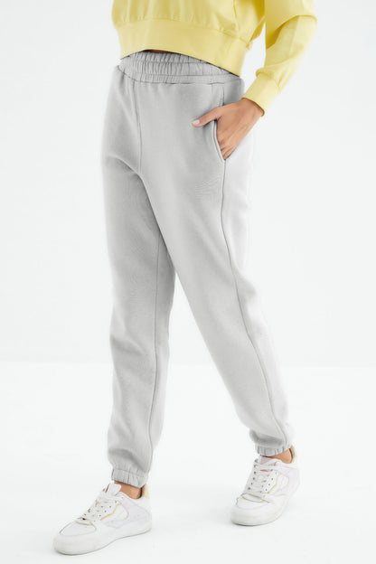 Stone High Waist Brushed 3-Thread Cotton Basic Women's Tracksuit Bottom - 94624