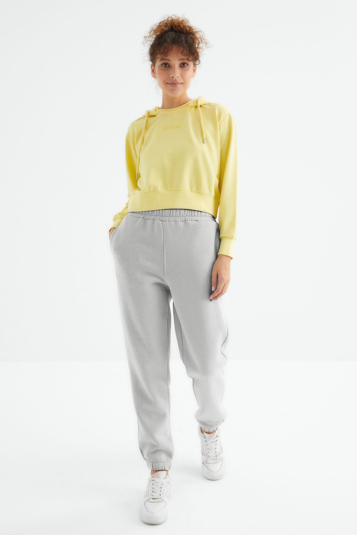 Stone High Waist Brushed 3-Thread Cotton Basic Women's Tracksuit Bottom - 94624