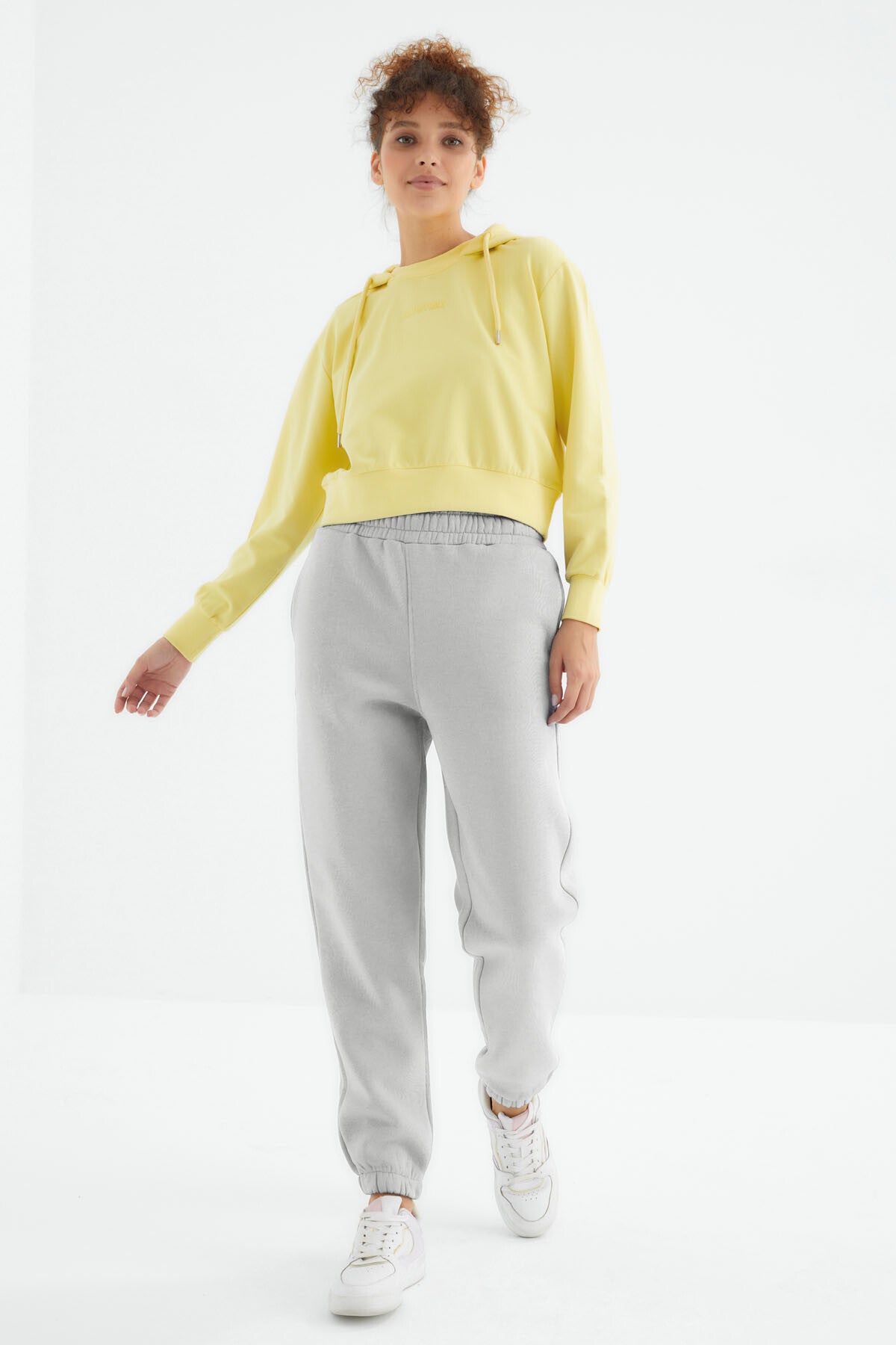 Stone High Waist Brushed 3-Thread Cotton Basic Women's Tracksuit Bottom - 94624