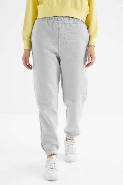 Stone High Waist Brushed 3-Thread Cotton Basic Women's Tracksuit Bottom - 94624