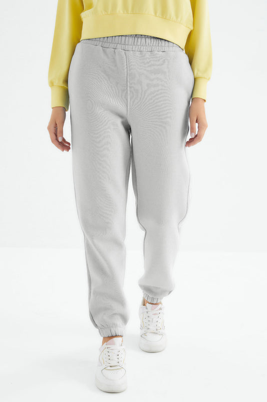 Stone High Waist Brushed 3-Thread Cotton Basic Women's Tracksuit Bottom - 94624