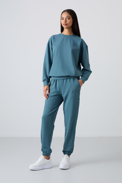 Forest Green Basic Cotton Round Neck Oversize Elastic Cuff Women's Tracksuit Set - 95287