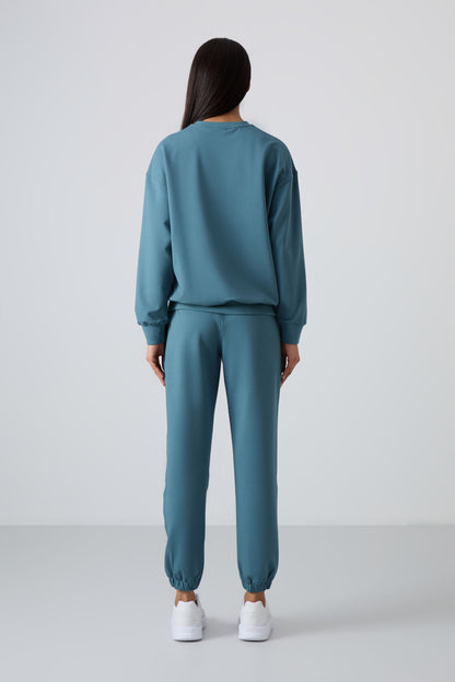 Forest Green Basic Cotton Round Neck Oversize Elastic Cuff Women's Tracksuit Set - 95287