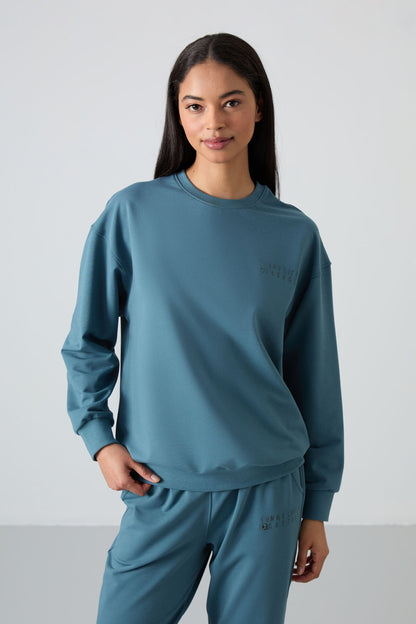Forest Green Basic Cotton Round Neck Oversize Elastic Cuff Women's Tracksuit Set - 95287