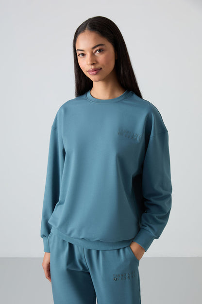 Forest Green Basic Cotton Round Neck Oversize Elastic Cuff Women's Tracksuit Set - 95287