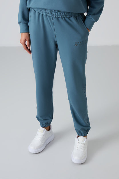 Forest Green Basic Cotton Round Neck Oversize Elastic Cuff Women's Tracksuit Set - 95287