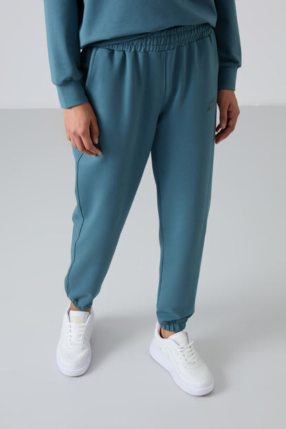 Forest Green Basic Cotton Round Neck Oversize Elastic Cuff Women's Tracksuit Set - 95287