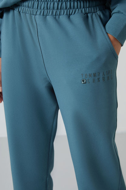 Forest Green Basic Cotton Round Neck Oversize Elastic Cuff Women's Tracksuit Set - 95287