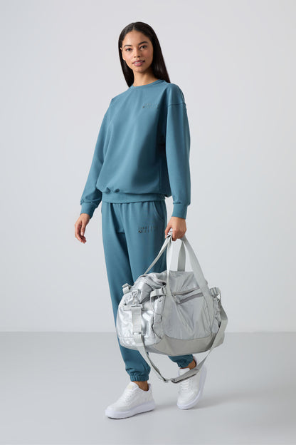 Forest Green Basic Cotton Round Neck Oversize Elastic Cuff Women's Tracksuit Set - 95287
