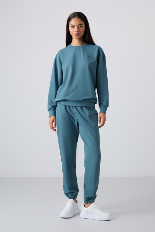 Forest Green Basic Cotton Round Neck Oversize Elastic Cuff Women's Tracksuit Set - 95287