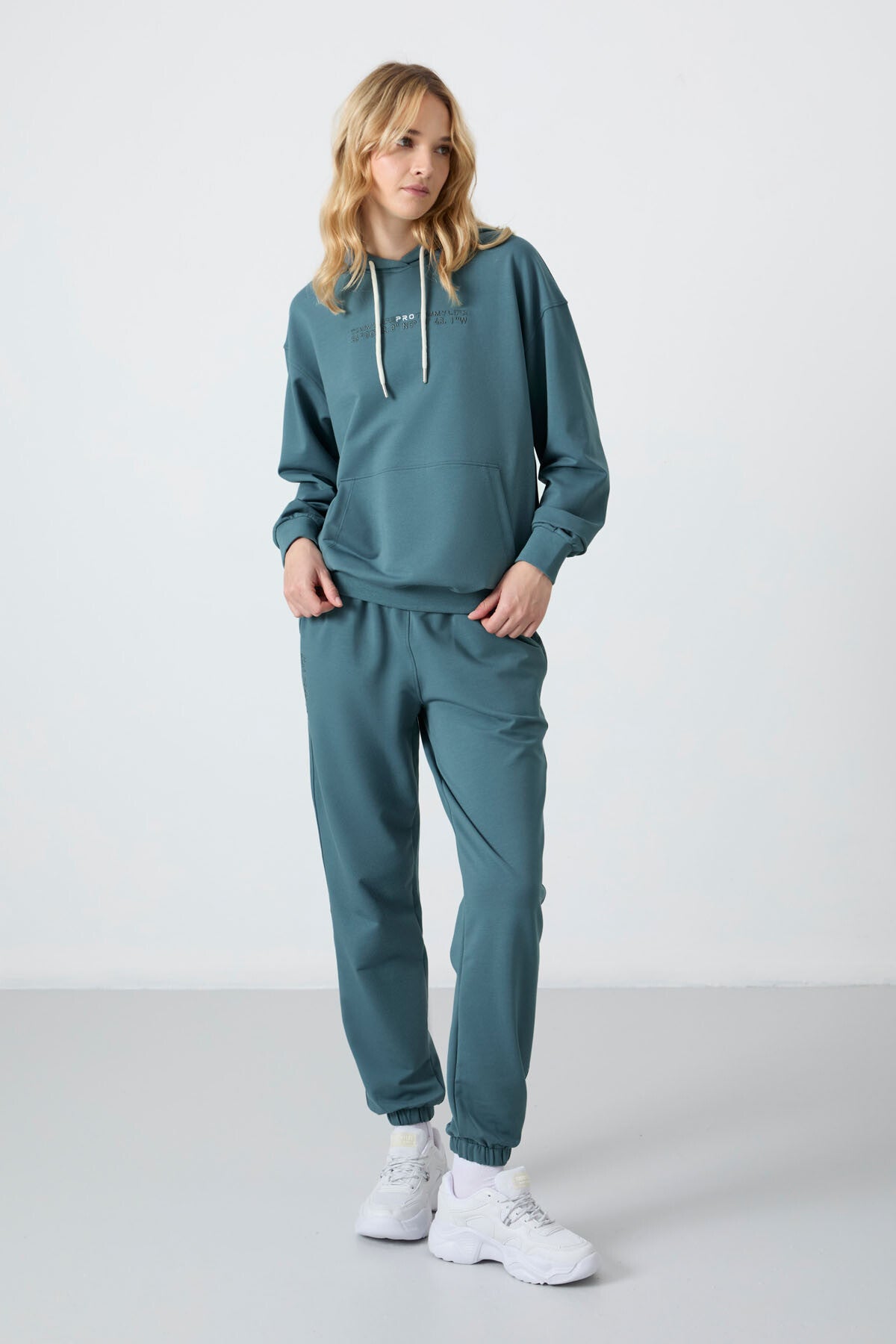 Forest Green Hooded Kangaroo Pocket Oversize Elastic Cuff Women's Tracksuit Set - 95288