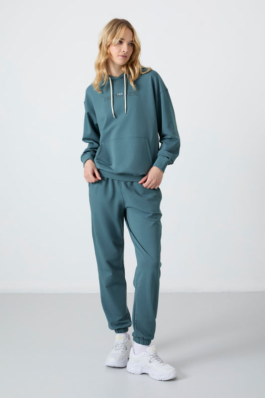 Forest Green Hooded Kangaroo Pocket Oversize Elastic Cuff Women's Tracksuit Set - 95288