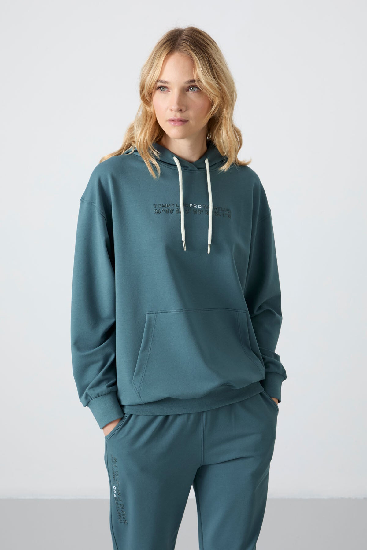 Forest Green Hooded Kangaroo Pocket Oversize Elastic Cuff Women's Tracksuit Set - 95288