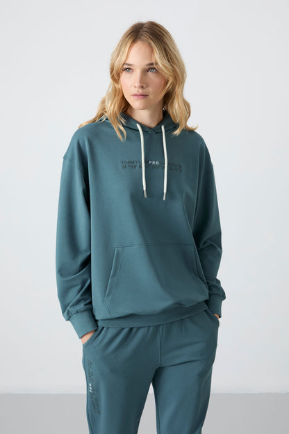 Forest Green Hooded Kangaroo Pocket Oversize Elastic Cuff Women's Tracksuit Set - 95288