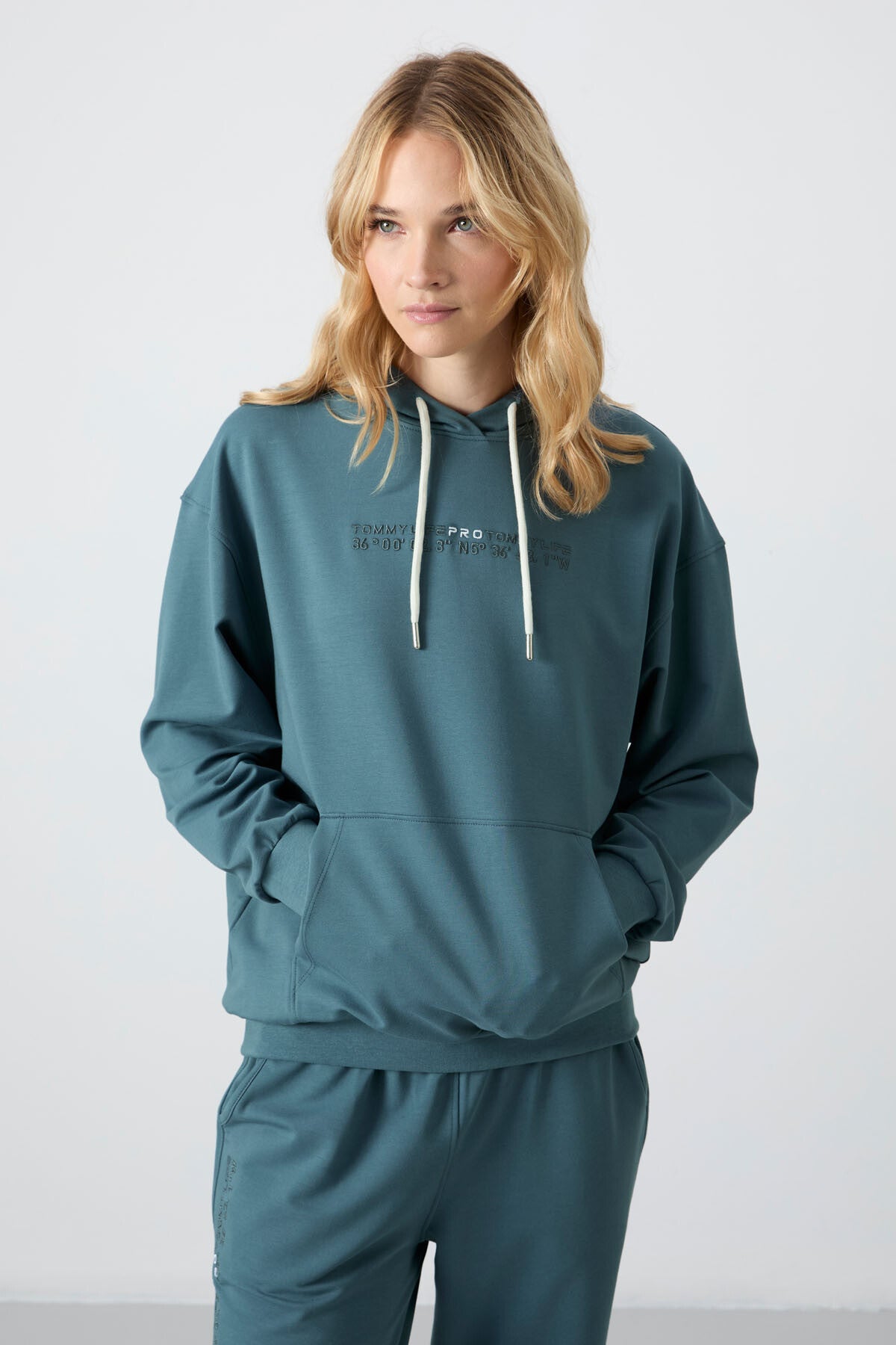 Forest Green Hooded Kangaroo Pocket Oversize Elastic Cuff Women's Tracksuit Set - 95288