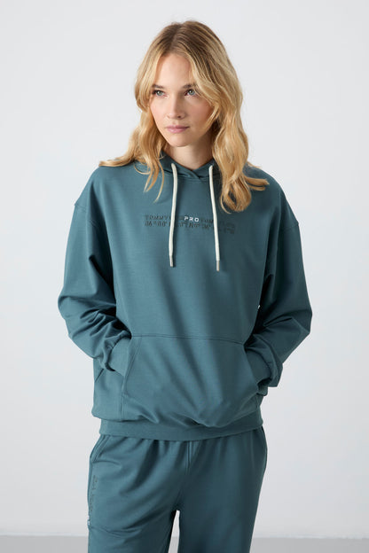 Forest Green Hooded Kangaroo Pocket Oversize Elastic Cuff Women's Tracksuit Set - 95288