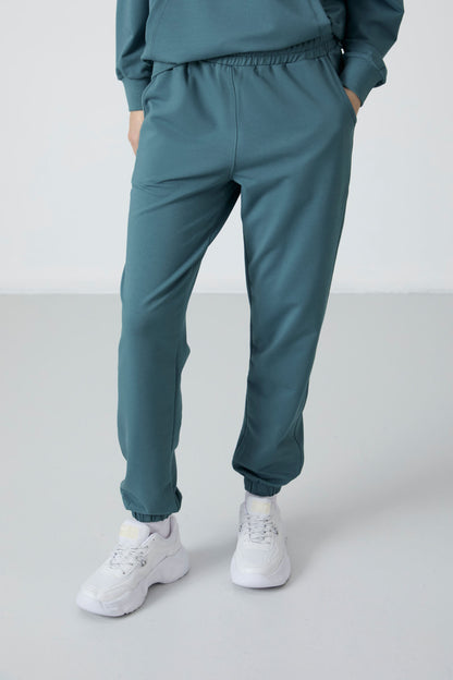 Forest Green Hooded Kangaroo Pocket Oversize Elastic Cuff Women's Tracksuit Set - 95288