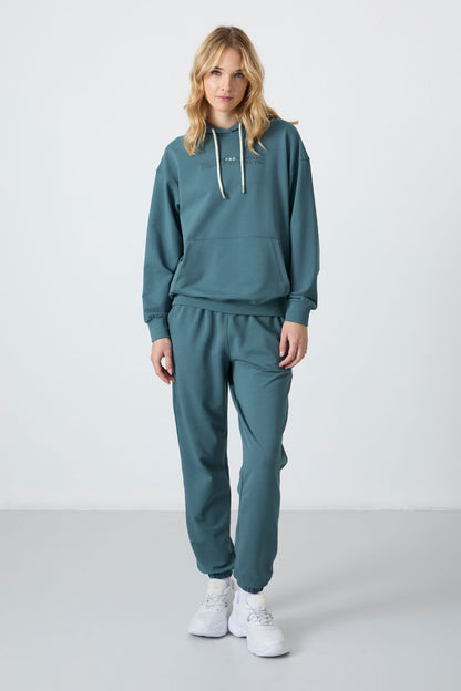 Forest Green Hooded Kangaroo Pocket Oversize Elastic Cuff Women's Tracksuit Set - 95288