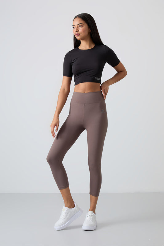 Brown High Waist Slim Fit Narrow Leg Women's Capri Tights - 93097