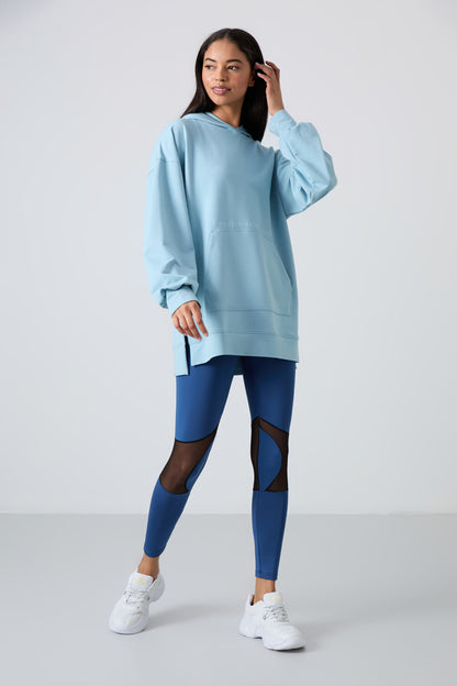 Light Blue Balloon Sleeve Embroidered Women's Oversize Tunic Sweatshirt - 97163