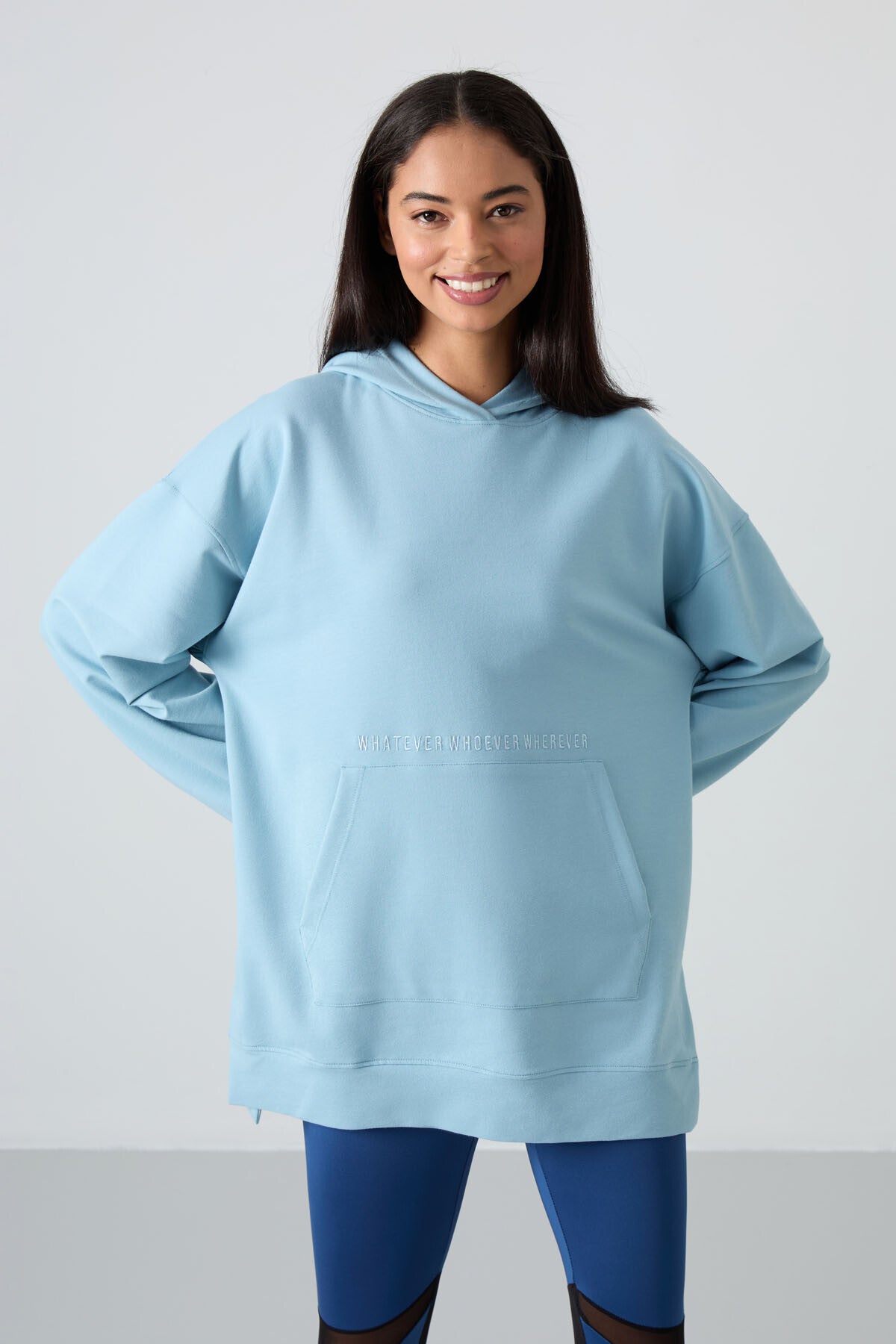 Light Blue Balloon Sleeve Embroidered Women's Oversize Tunic Sweatshirt - 97163