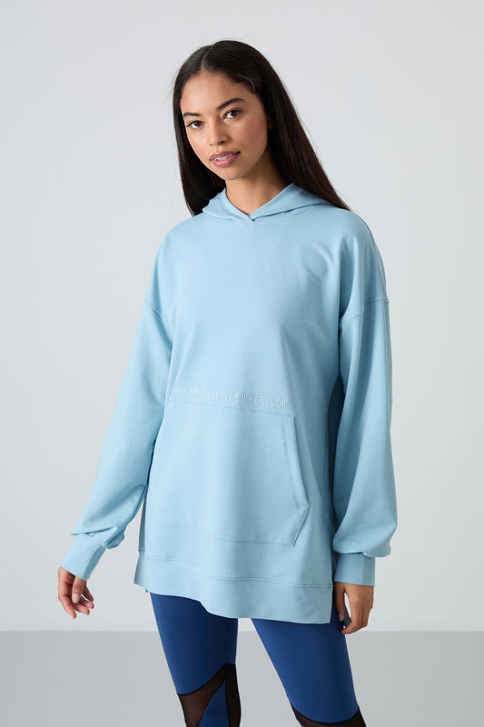 Light Blue Balloon Sleeve Embroidered Women's Oversize Tunic Sweatshirt - 97163