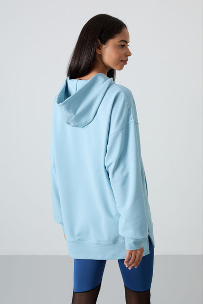 Light Blue Balloon Sleeve Embroidered Women's Oversize Tunic Sweatshirt - 97163
