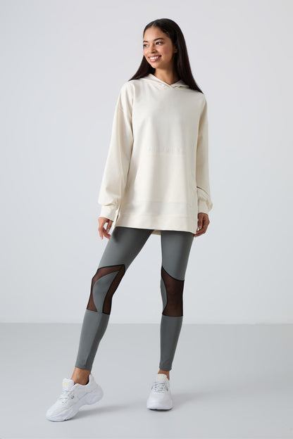 Ecru Balloon Collar Embroidered Women's Oversize Tunic Sweatshirt - 97163