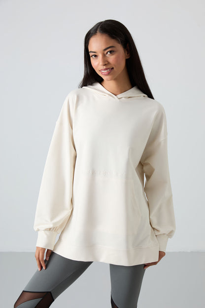 Ecru Balloon Collar Embroidered Women's Oversize Tunic Sweatshirt - 97163
