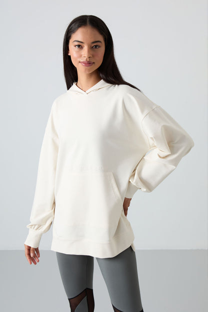 Ecru Balloon Collar Embroidered Women's Oversize Tunic Sweatshirt - 97163